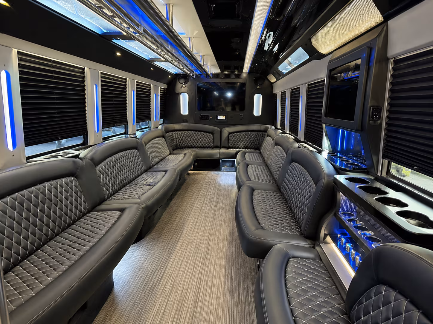 Wedding guests seated inside a party bus serving Sandy Springs