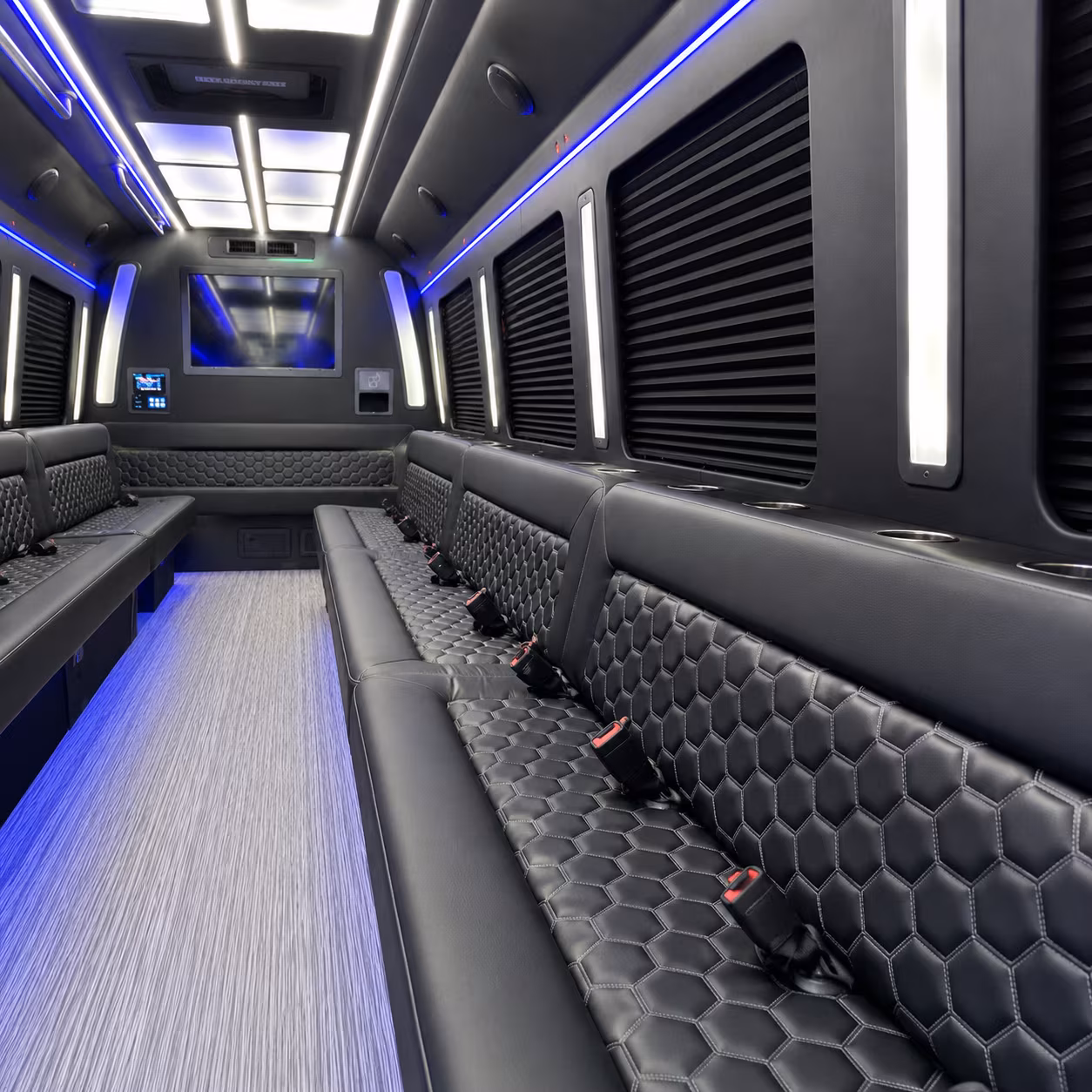 Interior of a party bus rental serving Sandy Springs